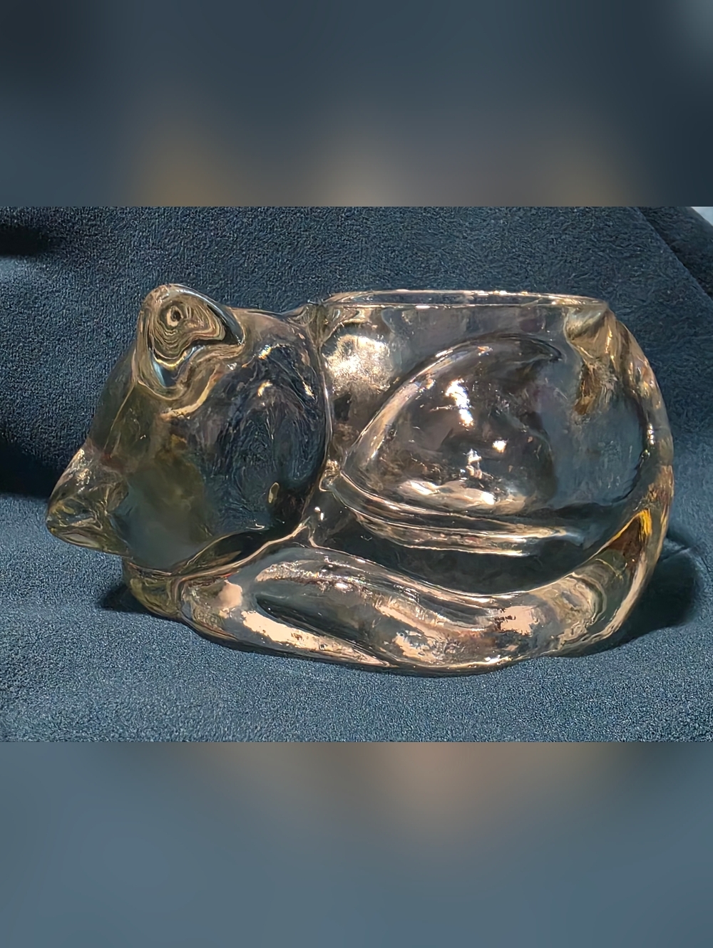 Avon Curled Up Kitten Clear Glass Candle Holder 4" Long X 2.5" Tall